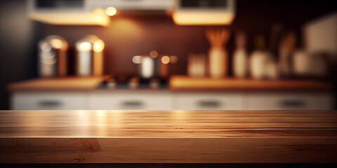 Wall Mural - Empty wood counter top with blurred minimal kitchen background. Generative AI.