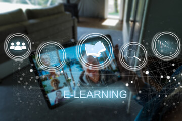 Poster - Internet of Things IoT, digital marketing, online shopping concept, laptop with internet network connection, social media, technology icons on virtual screen.
