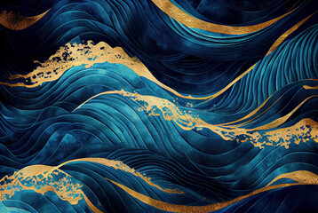 sea waves pattern abstract background, blue and gold waves texture, imitation of watercolor painting