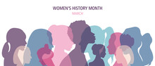 Women's History Month Banner.Flat Vector Illustration With Silhouettes Of Women Of Different Nationalities.