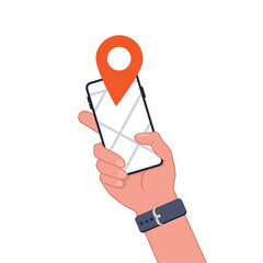 Aufkleber - A hand holds a smartphone. GPS navigation on a smartphone. Track location. Concept of mobile navigation. Modern simple flat design for web banners, websites, infographics. Vector illustration 10 eps.