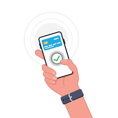 Poster - Hand holding smartphone with online payment system in a flat design. Vector illustration.