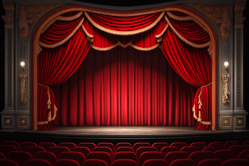 Theater stage with red curtains, spotlights and empty seats rows. Theatre interior with wooden floor. Scene with luxury velvet drapes, music hall, opera, drama background
