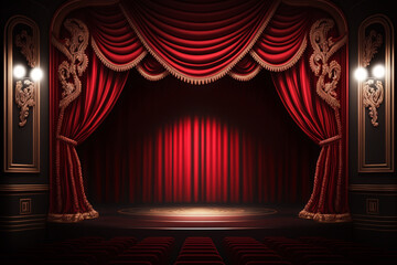 Theater stage with red curtains, spotlights and empty seats rows. Theatre interior with wooden floor. Scene with luxury velvet drapes, music hall, opera, drama background
