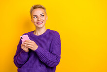 Photo Of Wearing Purple Knitted Jumper Short Blonde Hair Lady Browsing Information Online Look Empty Space Isolated On Yellow Color Background