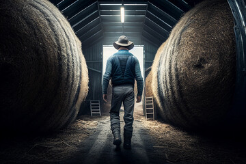 Wall Mural - farmer man on field in nature farm or food agriculture industry management in sunshine countryside generative AI.