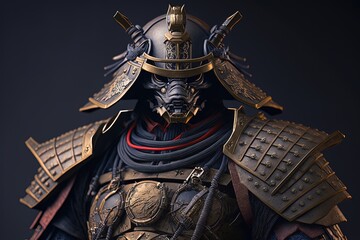 Wall Mural - Gloomy samurai warrior with armor, black background. Generative AI