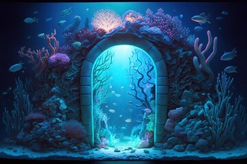 Wall Mural - Mystical portal at the bottom of the ocean, coral fish, marine life. Generative AI