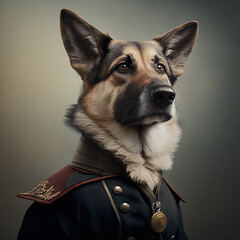 Wall Mural - A portrait of a dog wearing historic military uniform. German Shepherd portrait in clothing.