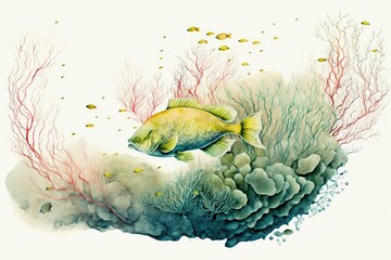 Wall Mural - Fish and coral illustration on white background, painting style. Generative AI