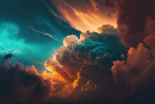  A Colorful Sky With Clouds And A Bird Flying In The Sky.  Generative Ai