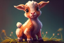 A Cute Adorable Baby Goat Rendered In The Style Of Childrenfriendly Cartoon Animation Fantasy Style. Generative AI