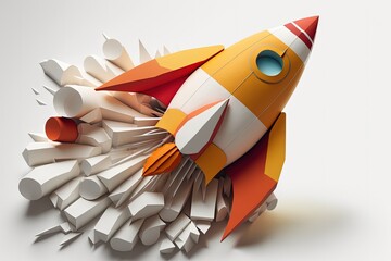 Wall Mural - rocket made from paper cutout, startup concept, white background. generative ai