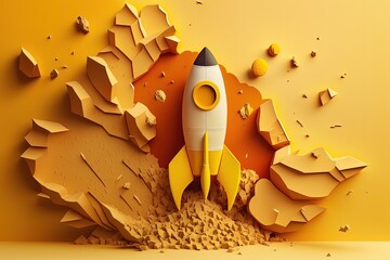 Wall Mural - rocket made from paper cutout, startup concept, yellow background. generative ai