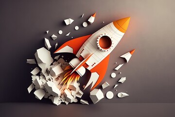 Wall Mural - rocket made from paper cutout, startup concept, white background. generative ai