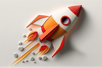 Wall Mural - Rocket made from paper cutout, startup concept, white background. Generative AI	