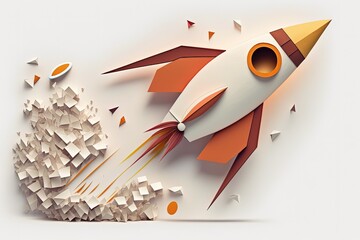 Wall Mural - rocket made from paper cutout, startup concept, white background. generative ai