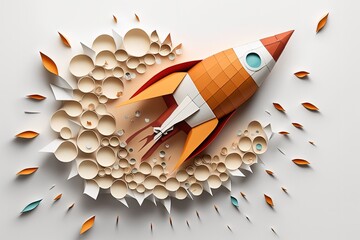 Wall Mural - rocket made from paper cutout, startup concept, white background. generative ai