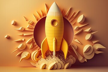 Wall Mural - rocket made from paper cutout, startup concept, yellow background. generative ai