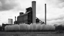  A Black And White Photo Of A Factory With Smoke Stacks.  Generative Ai