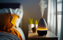Aroma Oil Diffuser On Table Against In Minimalist Bedroom Interior Background. Generative AI.