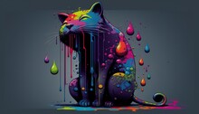  A Colorful Cat Sitting In The Middle Of A Puddle Of Paint.  Generative Ai