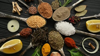 Wall Mural - Colorful herbs and spices for cooking. Indian spices. On a black background. Top view