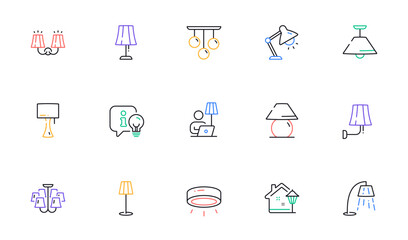 Poster - lamps line icons. spotlight led, table lamp and floor light. modern chandelier, electric light illum