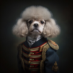 Wall Mural - A portrait of a dog wearing historic military uniform. Poodle portrait in clothing.