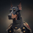 A portrait of a dog wearing historic military uniform. Doberman Pinscher portrait in clothing.