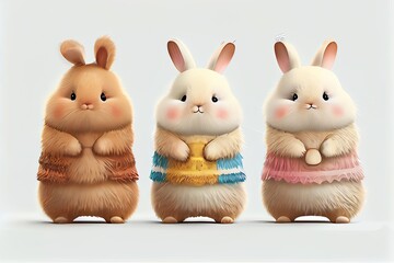 Wall Mural - Easter Bunny Rabbits. three cute chubby fluffy clipart dwarf bunnies are standing up on their hind legs on a white background. AI generative. Generative AI