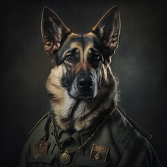 Wall Mural - A portrait of a dog wearing historic military uniform. German Shepherd portrait in clothing.