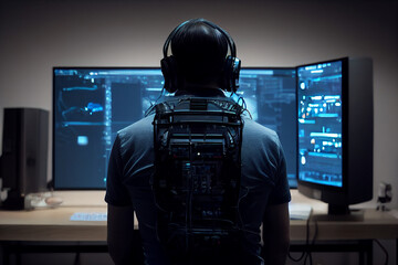 software developer programmer hacker coding scripts for cybersecurity company, programming and working from home late at night generative AI.
