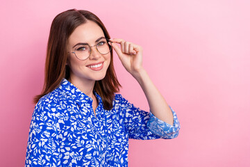 Canvas Print - Profile photo of pretty positive lady arm touch glasses beaming smile empty space isolated on pink color background