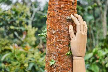 Wooden hand touching tree trunk