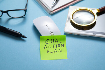 Sticker - Goal. Action. Plan on sticky note. Business concept