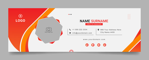 Wall Mural - Business email signature with an author photo place modern and stylish layout with white background, red orange shape and text design