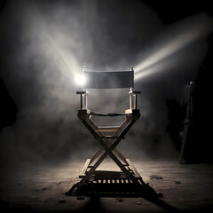 the director's chair stands in a beam of light with an backlight. free chair. concept of selection a