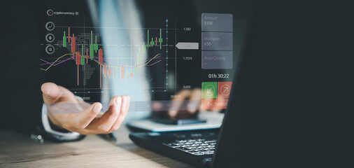 Wall Mural -  Investor touching of invest graph data growth on business network and investment risk analysis for return of success, strategy and planning investment, Banking, Finance and stock.