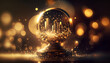 a golden glass ball award on a black table with gold bokeh background. glowing lights in the dark. Generative AI