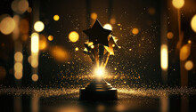 A Golden Star Award On A Black Table With Golden Bokeh Background. Generative AI