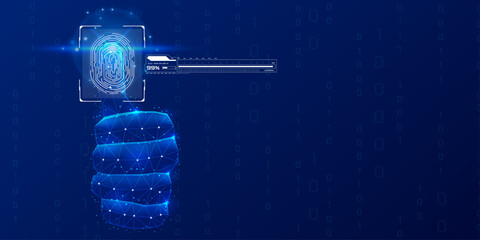 Poster - Technology cybersecurity concept, digital security encryption by low poly hand wireframe to scan identity then downloading and accept coding, password vector background.