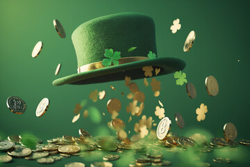 Four-leaf green clover hat and gold coins for good luck on St. Patrick's Day, bright green background, spring holiday concept, symbol of plant clover. Generative AI.