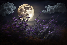 Fabulous Purple Flowers On The Field In The Moonlight In The Clouds, Glowing Magical Fern Flowers, Flowers, Moon, Lilac, Night, Fairy Tale. Generative AI.