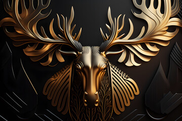 Surreal figure of a moose. Metal material with golden details. Black background. Generative AI.