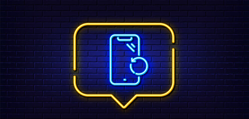Poster - Neon light speech bubble. Smartphone recovery line icon. Phone backup sign. Mobile device symbol. Neon light background. Smartphone recovery glow line. Brick wall banner. Vector