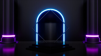 Wall Mural - Diamond shaped podiums and neon lights structure in the balck dark room 3d rendering