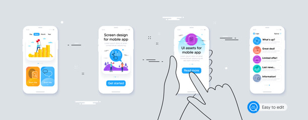 Set of Payment exchange, Chat message and Inspect line icons. Phone ui interface. Include Painter, Video conference, Document icons. Correct checkbox, Certificate, Teamwork chart web elements. Vector