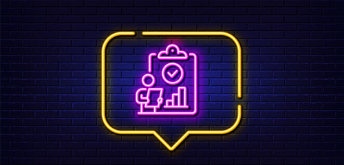 Poster - neon light speech bubble. inspect line icon. quality research sign. verification report list symbol.