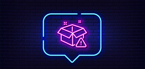 Poster - Neon light speech bubble. Delivery warning line icon. Package box alert sign. Caution parcel symbol. Neon light background. Delivery warning glow line. Brick wall banner. Vector